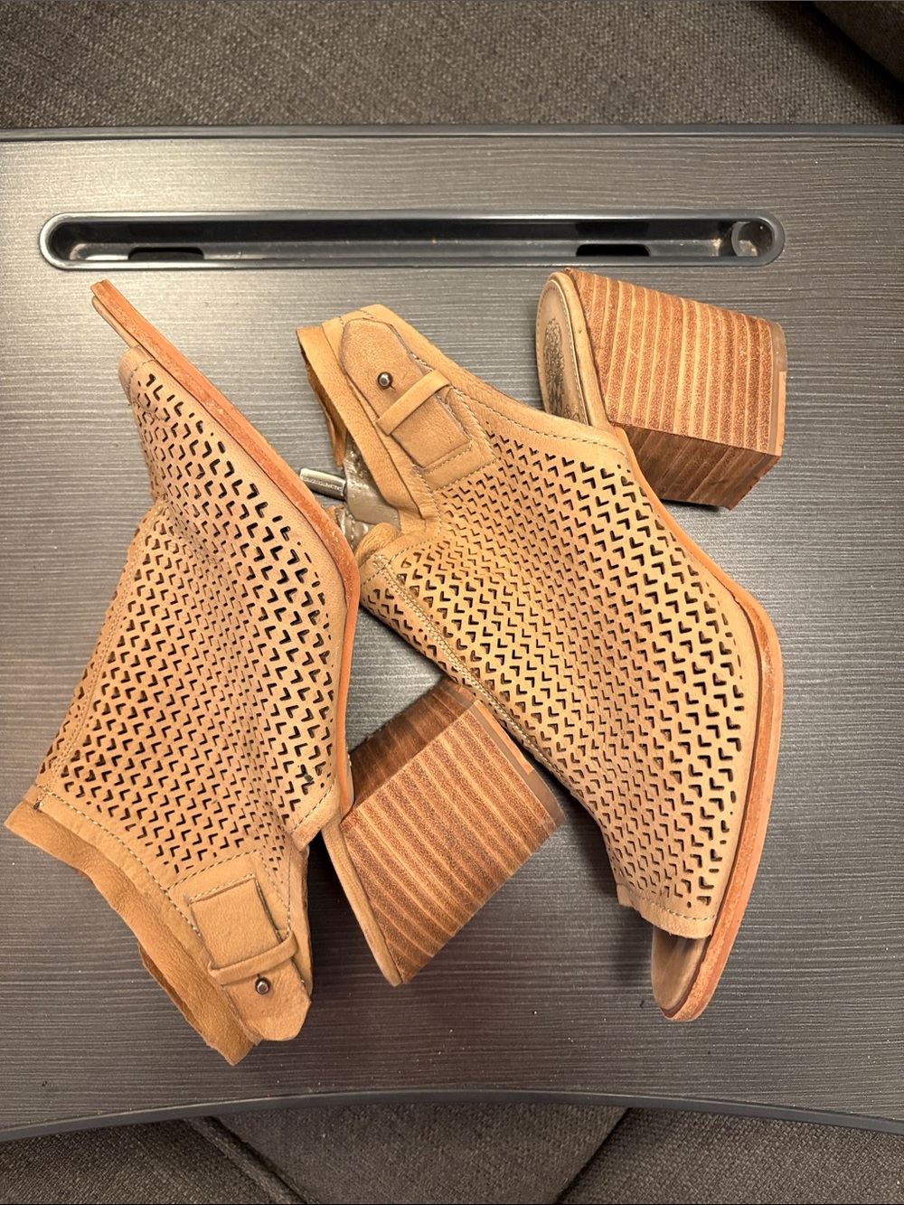 Vince Camuto Tan Perforated Peep-Toe Slingback Mules - Picture 5 of 5